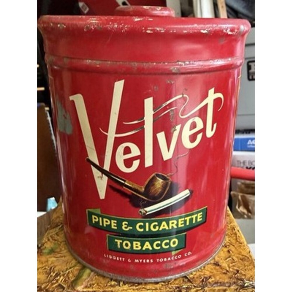 Vintage VELVET Tobacco Can Large Round Metal Tin w/ Knob Top Liggett & Myers📦